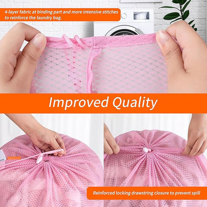 Polecasa Heavy Duty Diamond Large Mesh Laundry Bag with ID Tag and Locking Drawstring Closure - 24 x 36 inches - Laundry Hamper Liner, Washable Laundry Bags for Travel, Sports, Dorms (Pink)
