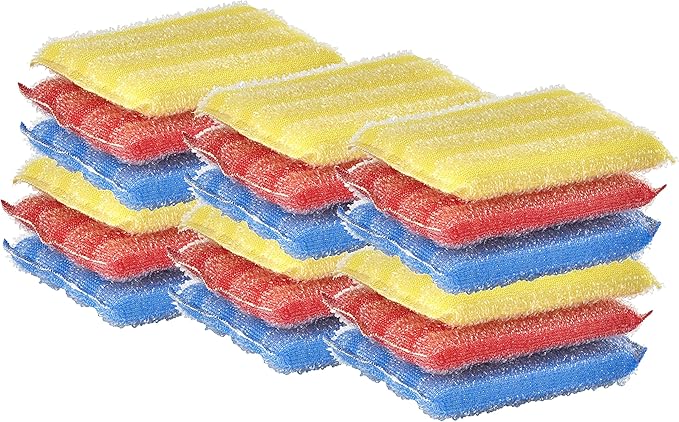 Nylon Kitchen Scrubber, Heavy Duty, Hand Friendly Scouring Sponge for Sink, Pot, Dish Washing Scrubber Non-Scratch, Kosher, 18 Pack, Blue-Red/Pink-Yellow by Superio