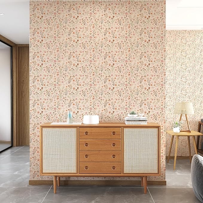 Kazova Boho Wildflower Wallpaper Peel and Stick Floral Contact Paper Waterproof Self Adhesive Vinyl for Bedroom Wall Decor Drawers Cabinet Shelf Liner（4 Sheets）