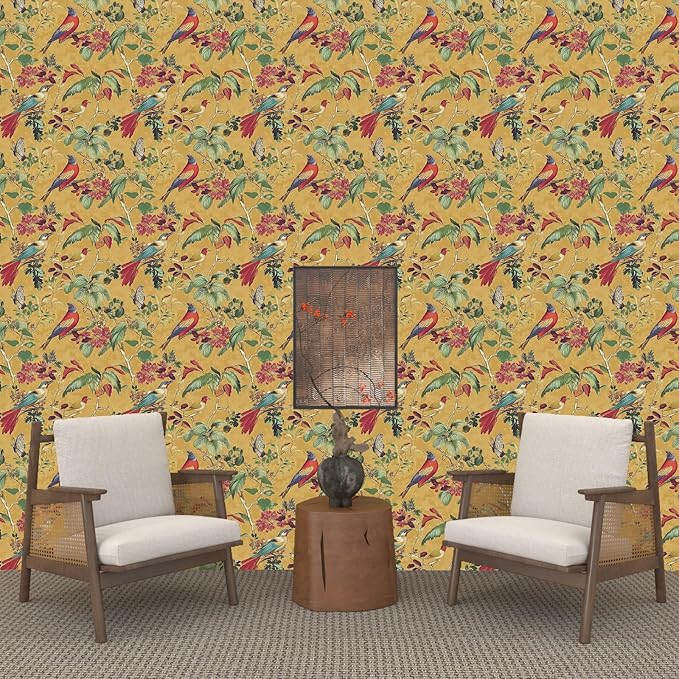 Vintage Floral Bird Wallpaper Peel and Stick,Boho Yellow Contact Paper, Retro Botanical Wall Paper Self Adhesive Removable Waterproof for Bedroom Walls Shelves Cabinet Table Decoration 17.5in x 393in