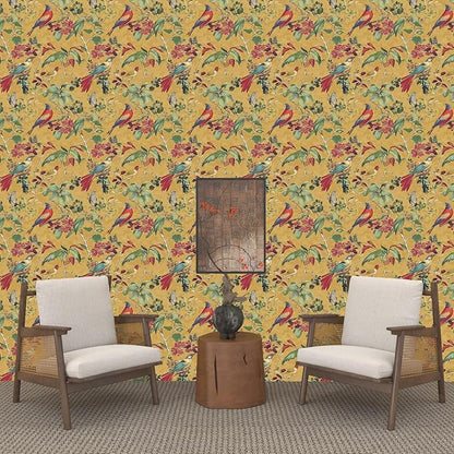 Yellow Boho Wallpaper Peel and Stick,Vintage Floral Bird Contact Paper, Retro Botanical Wall Paper Self Adhesive Removable Waterproof for Bedroom Walls Shelves Cabinet Table Decoration 17.5in x 118in