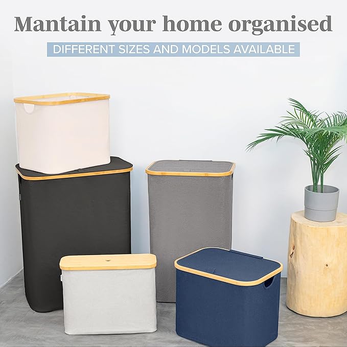 LONBET Laundry Basket with Lid, Made from Breathable Fabric | Aesthetic Clothes Hampers for Laundry with Side Handles & Sturdy Bamboo Frame (26 Gallons - Single, Black)