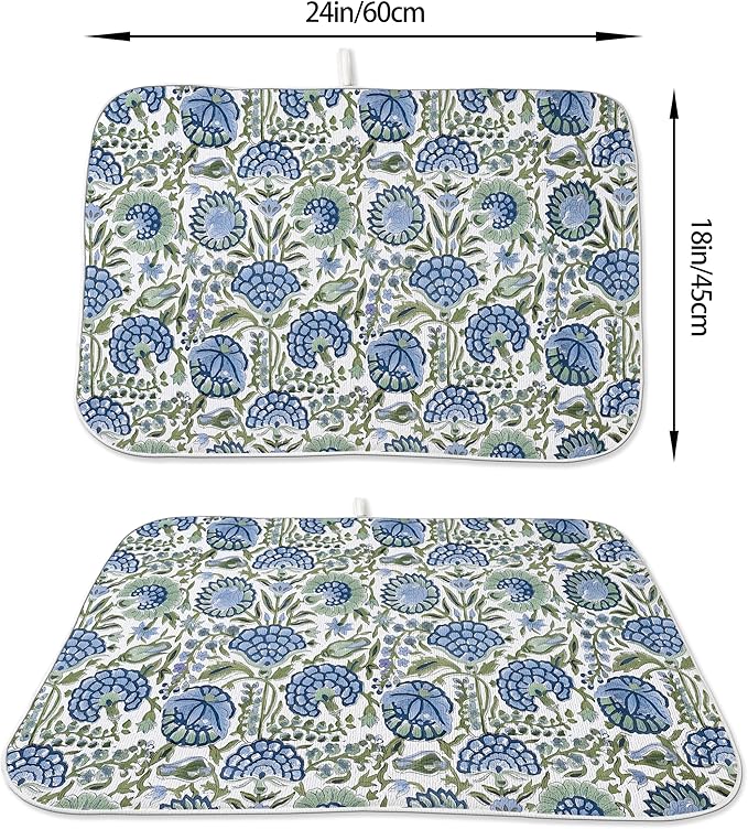 Floral Dish Drying Mat 18x24 Inches For Kitchen Counter Absorbent Block Print Flower Kitchen Decoration Boho Floral Drying Mat Pad For Home Kitchen,Dining Room,Office Decoration