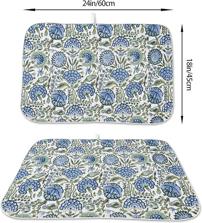 Floral Dish Drying Mat 18x24 Inches For Kitchen Counter Absorbent Block Print Flower Kitchen Decoration Boho Floral Drying Mat Pad For Home Kitchen,Dining Room,Office Decoration