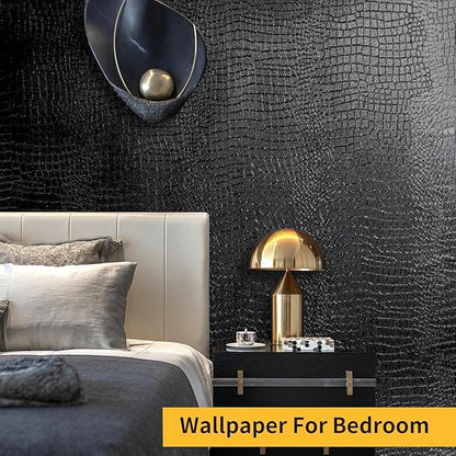 Black Peel and Stick Wallpaper, 15.7" X 787" Crocodile Embossed Easy Peel Off Wallpaper Self Adhesive Removable Contact Paper Textured for Cabinet, Bedroom