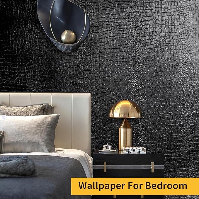 Black Peel and Stick Wallpaper, 15.7" X 590", Embossed Crocodile Wallpaper, Easy Peel Off, Self-Adhesive, Removable Contact Paper, Textured for Cabinet, Bedroom
