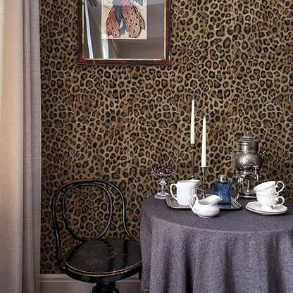 JiffDiff Upgrade Leopard Print Peel and Stick Wallpaper, 17.3" x 400" Waterproof Removable Self Adhesive Wallpaper, Brown Unique Funky Cheetah Contact Paper for Bedroom, Bathroom, Decor