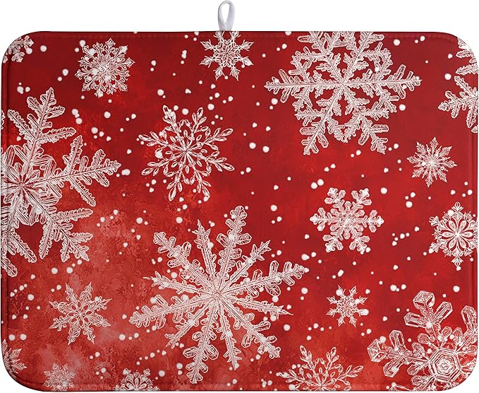 Christmas Dish Drying Mat for Kitchen Counter 18x24 Inch Red Snowflake Xmas Drying Pad Winter Holiday Dish Draining Mat Absorbent Microfiber Dish Drainer Rack Mat for Coffee Bar Kitchen