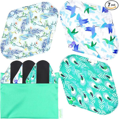 wegreeco Reusable Menstrual Pads - Reusable Sanitary Pads | Reusable Panty Liners | Soft Cloth Menstrual Pads - 6 Pack with 1 Cloth Mini Wet Bag (Large, Peacock