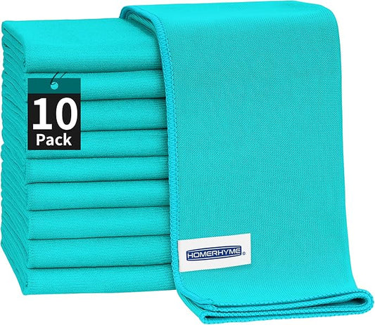 HOMERHYME Microfiber Cleaning Cloth - 10 Pack Glasses Cleaning Cloth, 16" x 14" Window Cleaning Rags, Streak Free Lint Free Polishing Cloths Wipes for Eye Glass, Stainless Steel, Windshield, Turquoise