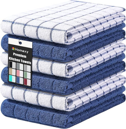 Homaxy Premium Cotton Kitchen Towels 16"x 28", Large Natural Ring Spun 390 GSM Dish Towels, Super Absorbent Terry Kitchen Hand Towels, Soft Tea Towels with Hanging Loop, Navy Blue Check Design, 6 Pack