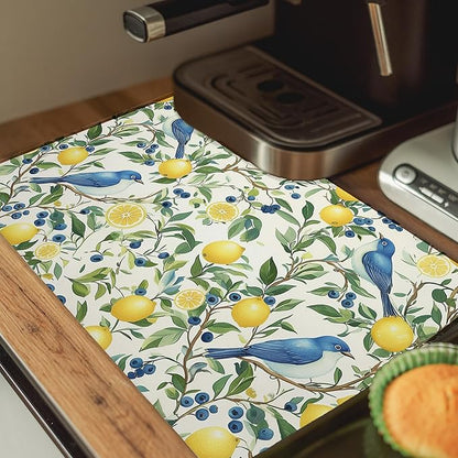Vibrant Birds Lemon Dish Drying Mat, Summer Lemon Blueberry Tree Coffee Bar Mat for Countertops, Nature Botanical Absorbent Dish Drying Mats for Kitchen Counter Coffee Maker, 16x24 Inch