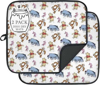 Disney Dish Drying Mats for Kitchen Counter (2 Pack) – 16" x 18" Absorbent Kitchen Drying Mats for Dishes – Mickey & Minnie, Winnie the Pooh, & Stitch Dish Mats