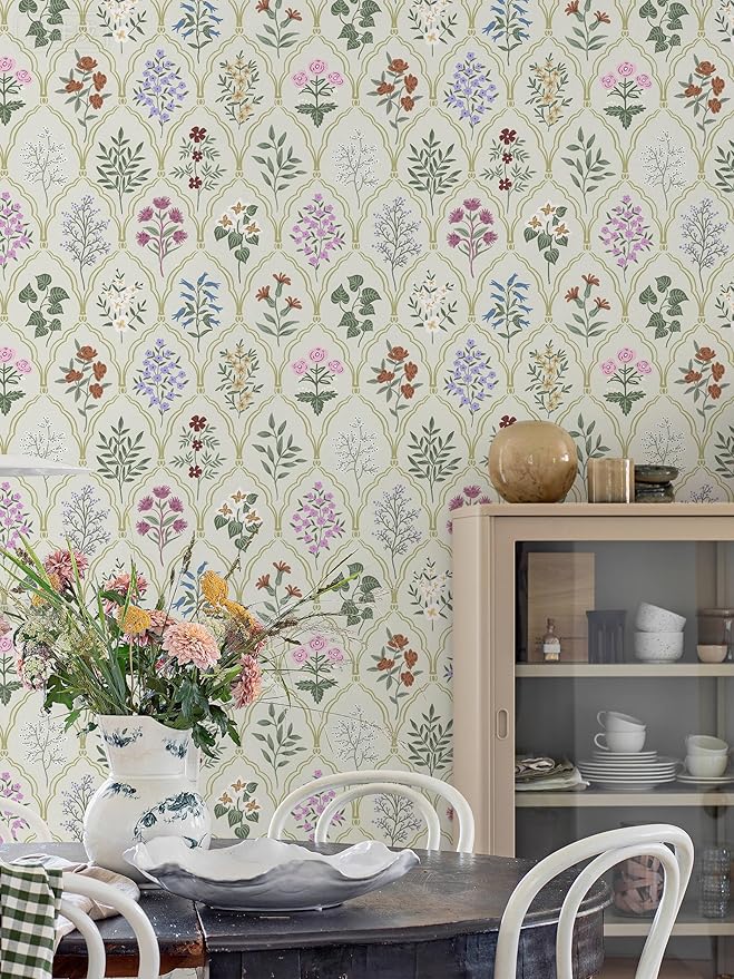 Dimoon 78.7"x17.3" Peel and Stick Wallpaper Floral Vintage Contact Paper Modern Removable Wallpaper Boho Beige Pink Self Adhesive Wall Paper for Cabinets Drawers Bathroom Bedroom Thicken Vinyl Roll