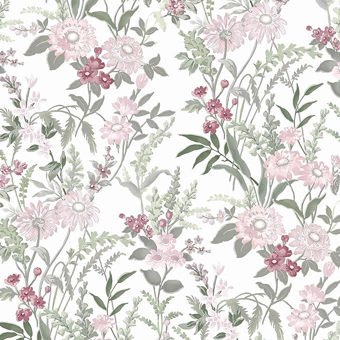 Dimoon 385"x17.3" Vintage Wallpaper Floral Peel and Stick Wallpaper Boho Contact Paper White Pink Green Cute Flower Removable Wall Paper Renter Friendly Kitchen Shelf Bathroom Self Adhesive Vinyl Roll