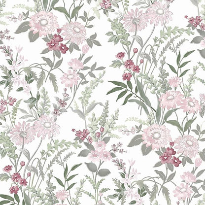 Dimoon 385"x17.3" Vintage Wallpaper Floral Peel and Stick Wallpaper Boho Contact Paper White Pink Green Cute Flower Removable Wall Paper Renter Friendly Kitchen Shelf Bathroom Self Adhesive Vinyl Roll
