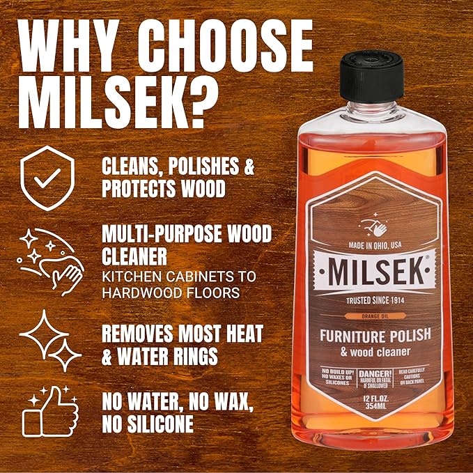 Milsek Furniture Polish and Wood Cleaner with Orange Oil - Multipurpose Cleaning Supplies for Home and Household from Hardwood Floors to Kitchen Cabinets- 12 Fl Oz (Pack of 12)