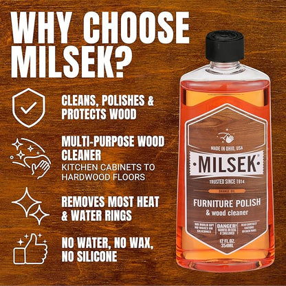 Milsek Furniture Polish and Wood Cleaner with Orange Oil - Multipurpose Cleaning Supplies for Home and Household from Hardwood Floors to Kitchen Cabinets- 12 Fl Oz (Pack of 12)