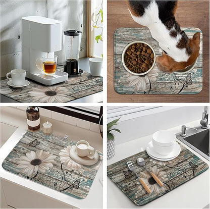 Summer Sunflower Vintage Dish Drying Mats for Kitchen Counter Country Rustic Daisy Farmhouse Kitchen Dishes Dryer Pad Fall Absorbent Dish Mat Microfiber Washable Foldable Reusable Large 18x24 in