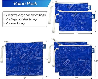 Nordic By Nature Reusable Sandwich Bag Snack Bags - Value Pack of 5 Dual Layer Lunch Baggies - Dishwasher Safe - Eco Friendly Cloth Wraps - Easy Open Zipper (Gamer Blue)