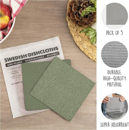 SUPERSCANDI 5 Pack Swedish Dishcloths for Kitchen - 100% Biodegradable & Compostable Reusable Paper Towels Washable, Food-Safe & Without Plastic - Dish Rags Suitable for Any Surface, Premium, Mix