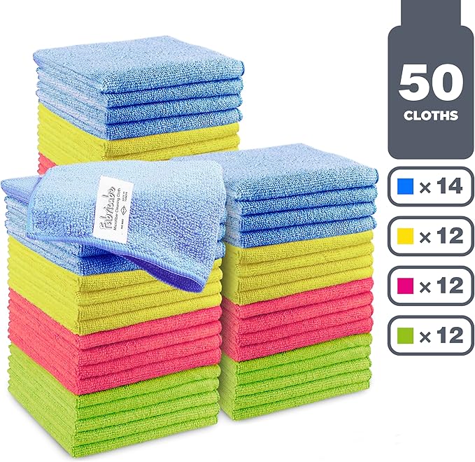 Turkish Microfiber Cleaning Cloth of 4 Colors | 20% Polyamide for Elevated Liquid Suction | Must Have Drying Supply for Kitchen and Home Accessories | Rags with Reinforced Edges, Pack of 50