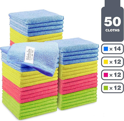 Turkish Microfiber Cleaning Cloth of 4 Colors | 20% Polyamide for Elevated Liquid Suction | Must Have Drying Supply for Kitchen and Home Accessories | Rags with Reinforced Edges, Pack of 50