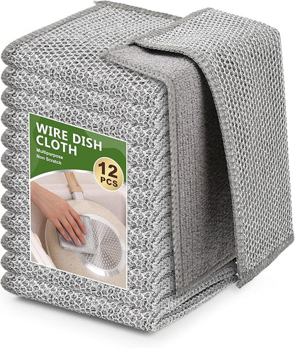 12Pack Upgrade Multipurpose Wire Dishwashing Rags, Double-Side Non Scratch Wire Dishcloth, for Wet and Dry Use, Reusable Metal Scrubbing Microfiber Clean Cloths for Home/Kitchen/Stove（Grey）