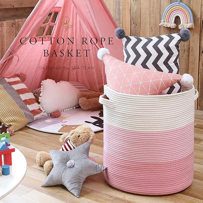 Sea Team Large Size Cotton Rope Woven Storage Basket with Lid, Lidded Laundry Hamper with Handles, Fabric Bucket with Cover, Clothes Toys Organizer for Kid's Room, 16 x 20 inches, White & Pink