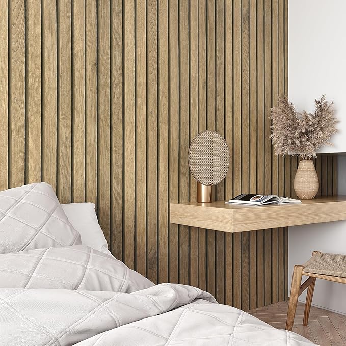 VEELIKE Slat Wood Contact Paper Wood Wallpaper Peel and Stick for Walls Countertops Waterproof Self Adhesive Brown Wood Vinyl Wall Panel 15.7''x354'' Removable Wood Wall Paper for Bathroom Kitchen