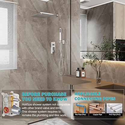 Shower System, Brushed Nickel Shower Faucet Set with 12-Inch Rain Showerhead and Handheld Spray, Wall Mounted High-Pressure Showerhead Combo Set Included Valve and Trim, Brushed Nickel
