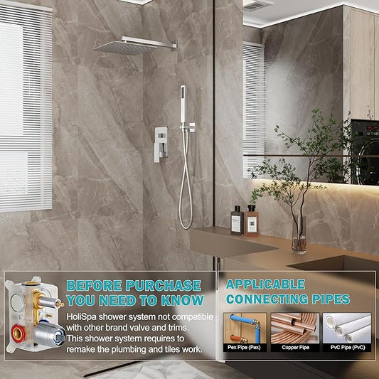 Shower System, Brushed Nickel Shower Faucet Set with 12-Inch Rain Showerhead and Handheld Spray, Wall Mounted High-Pressure Showerhead Combo Set Included Valve and Trim, Brushed Nickel