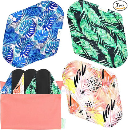 wegreeco Reusable Menstrual Pads - Reusable Sanitary Pads | Reusable Panty Liners | Soft Cloth Menstrual - 6 Pack with 1 Cloth Mini Wet Bag (Medium, Leaves