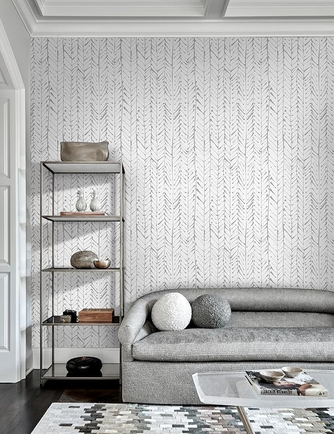 Guvana 16.14"x197" Herringbone Striped Wallpaper Grey and White Modern Contact Paper Self Adhesive Wall Paper Waterproof Removable Wallpaper for Livingroom Bathroom Decor