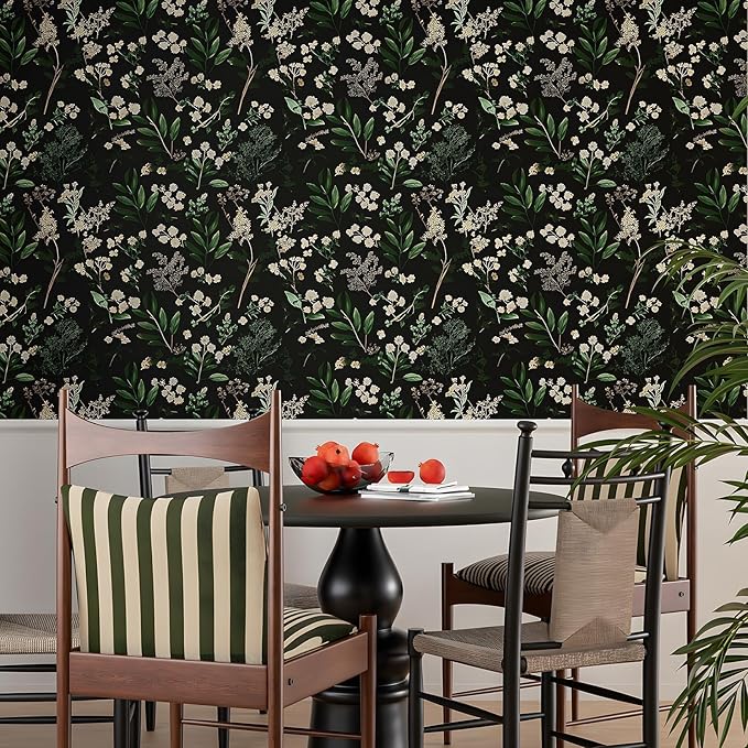 Laatse Dark Floral Wallpaper Peel and Stick Green Leaf Wallpaper Vintage Flowers Contact Paper Waterproof Self Adhesive Boho Delicate Wall Paper for Cabinet Kitchen Walls Locker 17.5in x32.8ft