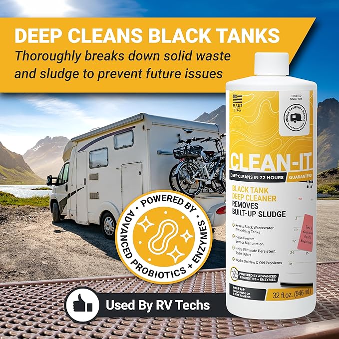 Unique Clean-It RV Black Tank Cleaner Liquid - Effectively Resets Dirty RV Black Tanks - Eliminates Odors and Waste (32 oz) Amazon Exclusive Packaging