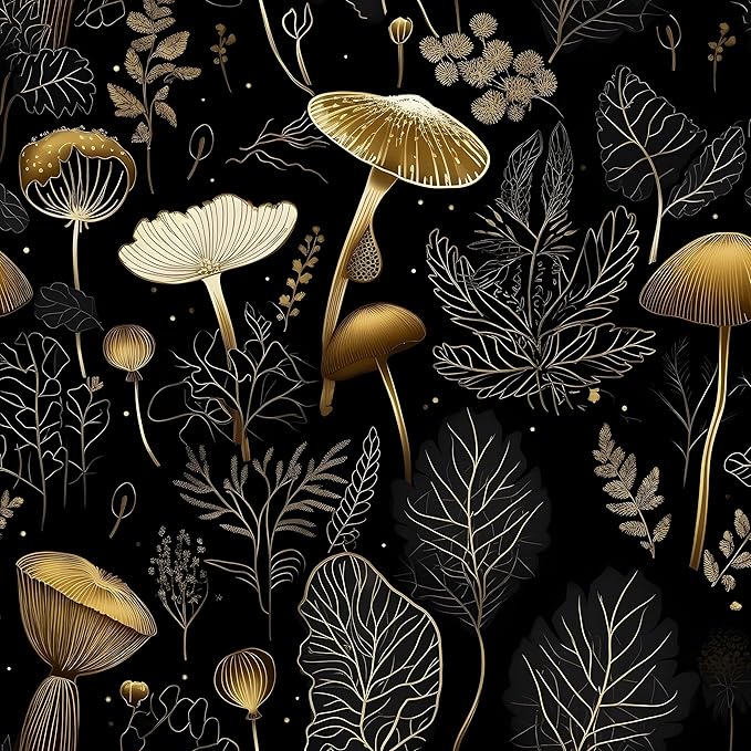 Laatse Black Gold Wallpaper Peel and Stick Dark Floral Contact Paper 17.5" x 393" Vinyl Self Adhesive Vintage Mushrooms Wall Mural Leaf Wall Paper for Room Countertop Drawer Decor Cabinet