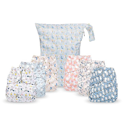 Simple Being Reusable Cloth Diapers, Double Gusset, One Size Adjustable, Washable Soft Absorbent, Waterproof Cover, Eco-Friendly Unisex Baby Girl Boy, six 4-Layers Microfiber Inserts (Unicorns)