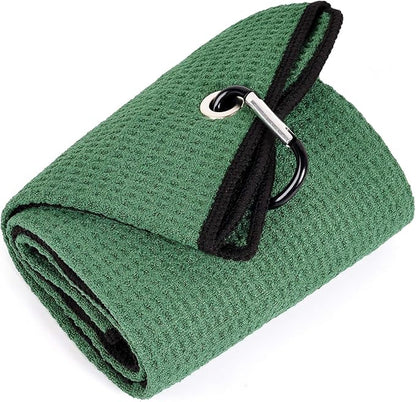 Mile High Life Tri-fold Golf Towel | Premium Microfiber Fabric | Waffle Pattern | with Heavy Duty Carabiner Clip | Golf Towel for Men and Women (GreenGolf Towel)