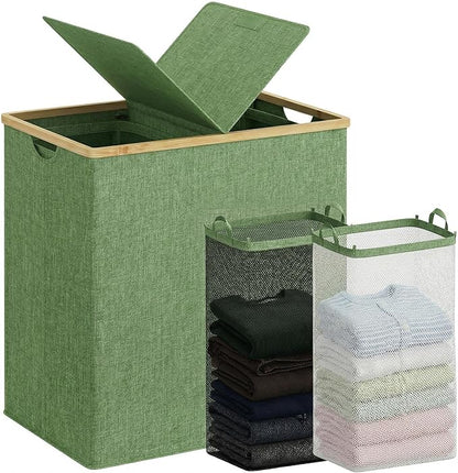 efluky Laundry Hamper with Lid, Double Laundry Hamper with 2 Removable Bags, 2 Section Laundry Basket with Bamboo Handles for Bathroom, Bedroom & Laundry Room,140L Green