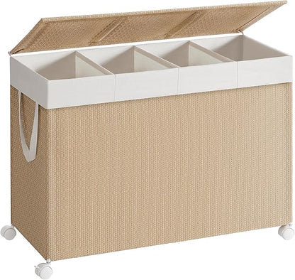 SONGMICS HOME Laundry Hamper with 4 Section, 180 L Large Rolling Laundry Basket with Wheels, Rattan Clothes Basket with Lid, Removable Liner with Handles, Natural Beige and Matte White ULCB603N01