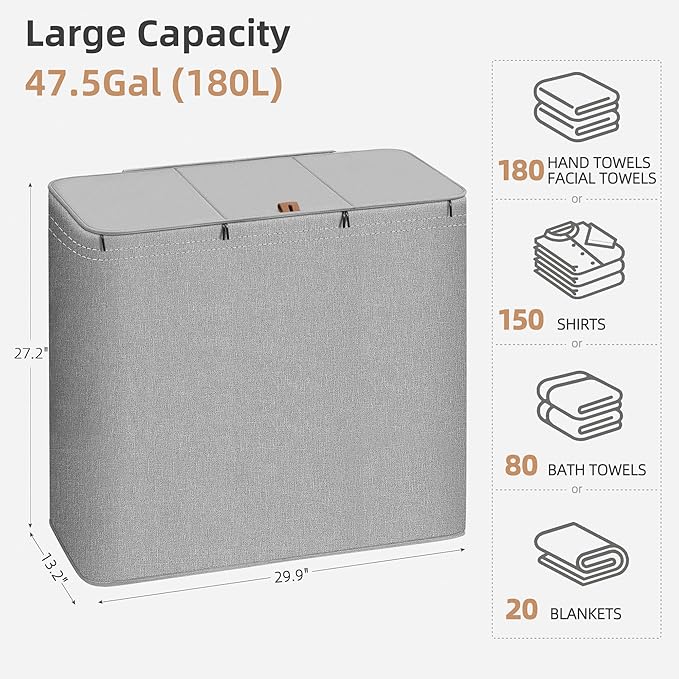 STORAGE MANIAC Triple Laundry Hamper with Lid, 180L Tall Metal Frame Laundry Baskets with Removeable Bag, Large Clothes Hamper with PU Tag, Laundry Bin for Dorm, Collage, Bathroom, Bedroom, Gray