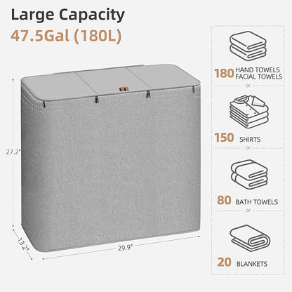 STORAGE MANIAC Triple Laundry Hamper with Lid, 180L Tall Metal Frame Laundry Baskets with Removeable Bag, Large Clothes Hamper with PU Tag, Laundry Bin for Dorm, Collage, Bathroom, Bedroom, Gray