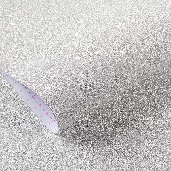 Livelynine Glitter Wallpaper Stick and Peel Glitter Contact Paper for Walls Dresser Counters Crafts Self Adhesive Silver Decor Removable Waterproof White Vinyl Cardstock 15.8x78.8"