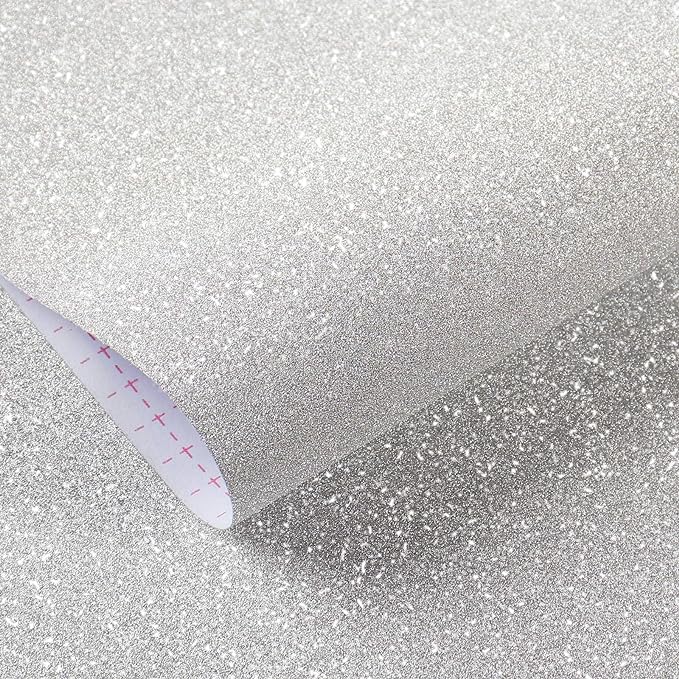 Livelynine Glitter Peel and Stick Wallpaper 15.8x197 Decorative Glitter Contact Paper for Crafts Cabinets Desk Girls Bedroom White Silver Wall Paper Self Adhesive Renter Friendly Cabinet Vinyl Wrap