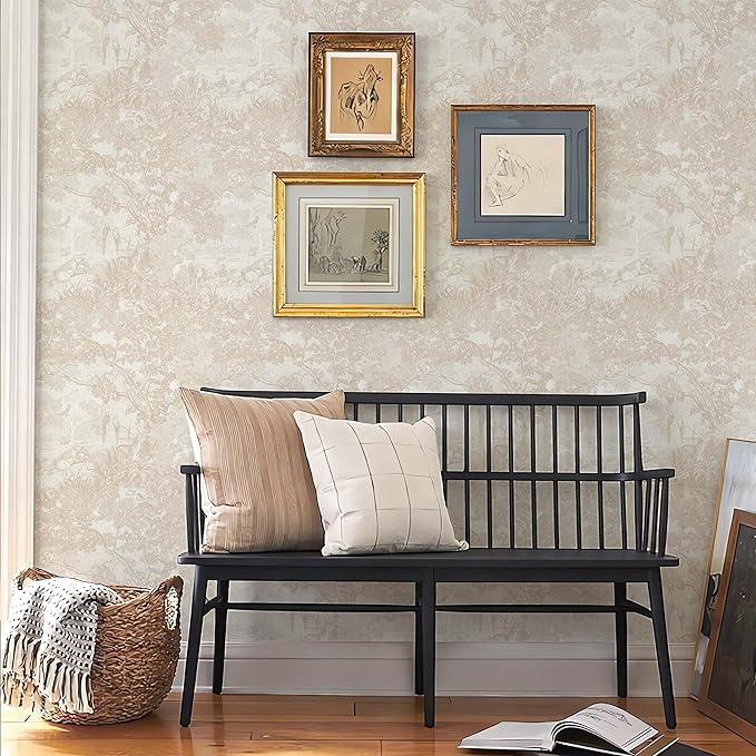 Ismoon Vintage Wallpaper Peel and Stick Beige Neutral Wallpaper 17.3in x6.56ft Forest Animals Contact Paper for Bedroom Thicken Waterproof Self-Adhesive Wall Paper Removable Renter Friendly Vinyl