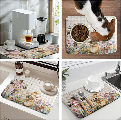 Easter Bunny Dish Drying Mats Spring Floral Dish Mat Easter Cross Eggs Drying Matt Dishes Dryer Pad for Kitchen Counter Absorbent Microfiber Washable Foldable Reusable 18x24 in