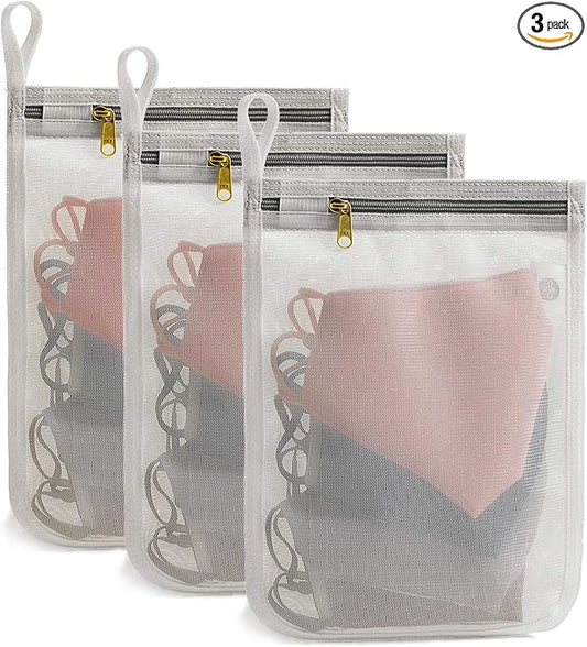 TENRAI 3 Packs Delicate Laundry Bags for Reusable Face Masks and Reusable Makeup Remover Pads,Fine Mesh Wash Bags,Use YKK Zipper, with Hanger Loop, Portable Mask Storage Bag (3 Small)