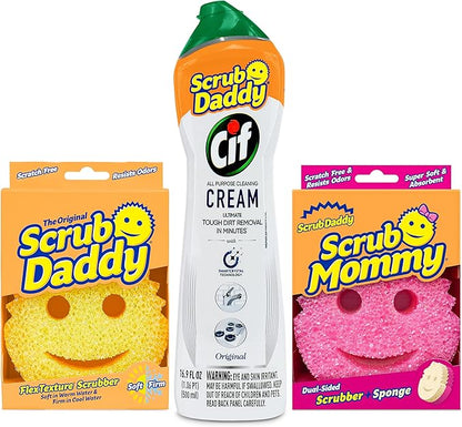 Scrub Daddy Sponges + Scrub Mommy + Cif All Purpose Cleaner, Original - Non Scratch Sponges for Kitchen + Bathroom - Scrubber and Multipurpose Cleaner Cream - Cleaning Supplies Kit
