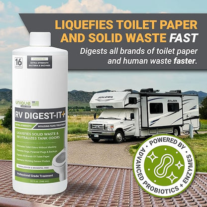 Unique RV Digest-It+, 16 Extra-Strength RV Toilet Treatments - Liquifies Waste and Toilet Paper - Odor Eliminator (32 oz)